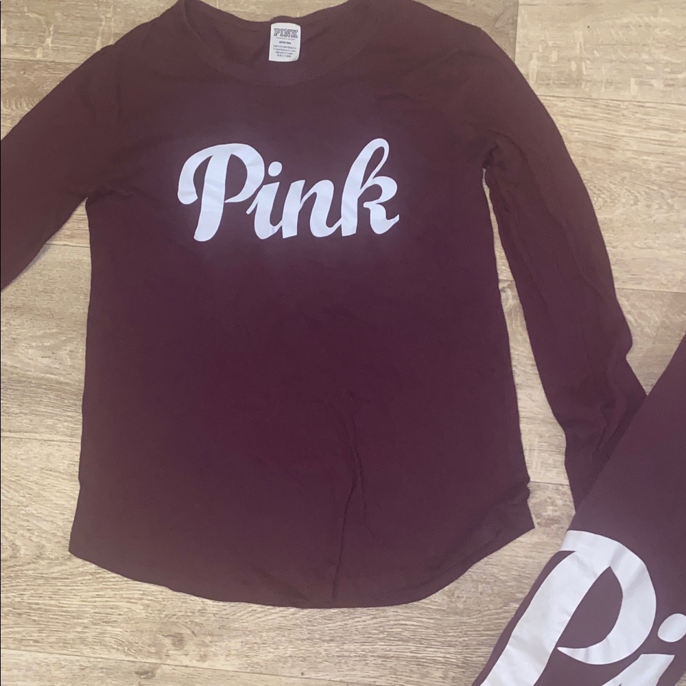 PINK Victoria's Secret Maroon Logo Pajama Set with White Script - Picture 2 of 7